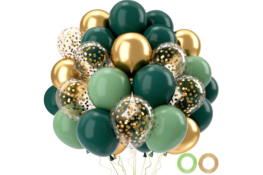 QIFU Sage Green and Gold Balloons Set, 52pcs Olive Dark Green Balloons Metallic Golden Balloon with Gold Confetti Balloon for Jungle Theme Birthday Party Decoration Christening Anniversary Baby Shower
