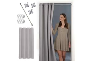 ‎TINYCURTAINS tinycurtains, Thermo Türvorhang mit Vorhangstange & Magneten zum Abdichten, einfache Montage ohne Bohren in 1 Min (210 x 150 cm hellgrau + Stange Silber 70–120 cm + 6 Magnete)