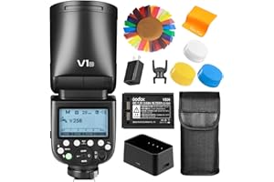 Godox V1N TTL Kit de Flash Redondo Compatible con Nikon - 2.4G HSS 1/8000S Zoom en Cámara Flash Speedlight, Batería de Litio de 2600mAh, 480 Flashes de Potencia Completa, Lámpara de Modelado LED