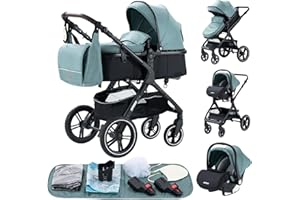 GLOKID Kinderwagen 3 in 1,Reisesysteme, Buggy mit Umkehrbarem Zwei-Wege-Schub,Babywanne Buggy&Sportsitz,Voll-Gummireifen,Mit Einem Klick Zusammenklappbarer,Zubehör,Tragbarer (LQL HX1 Grün)