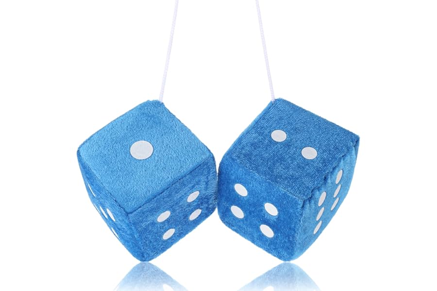 DIVINA VITAE Fuzzy Dice for Rear View Mirror, Blue Fuzzy Dice for Car Mirror, 2.75inch Pair of Plush Retro Square Hanging Dice with White Dots Cute Car Decoration Ornament Accessories (Blue)
