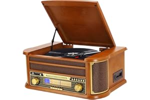 MUSITREND Platine Vinyle sans Fil Bluetooth à 3 Vitesses avec Haut-parleurs stéréo intégrés, phénographe Radio AM/FM avec Prise 3.5mm, CD/Cassette, AUX-in/RCA-Out, Lecture USB
