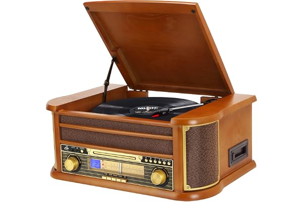 Platine Vinyle sans Fil Bluetooth à 3 Vitesses avec Haut-parleurs stéréo intégrés, phénographe Radio AM/FM avec Prise 3.5mm, CD/Cassette, AUX-in/RCA-Out, Lecture USB