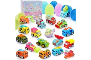 Yamepuia Easter Eggs Filled with Toys Easter Basket Stuffers Filler, 18Pack Easter Eggs Filled with Pullback Vehicles for Easter Egg Hunts, Easter Party Favors Pull back Cars Easter Gift for Kids