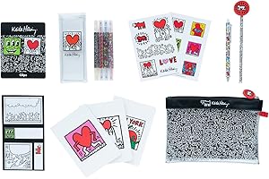 Grupo Erik - Set de Papeterie Keith Haring | Inclut : 1 Stylo Bille, 1 Crayon de Papier, 4 Surligneurs, 2 Trombones, 3 Carnets A6, des Stickers | Papeterie Kawaii
