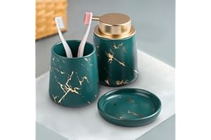 FORIDE Marmor Badezimmer Zubehör Set - 3 Stück Keramik Bad Zubehör Komplettset Luxus Bad Zubehör mit Seifenspender, Zahnbürstenhalter, Becher, Seifenschale (Dunkelgrün (3 Stück))