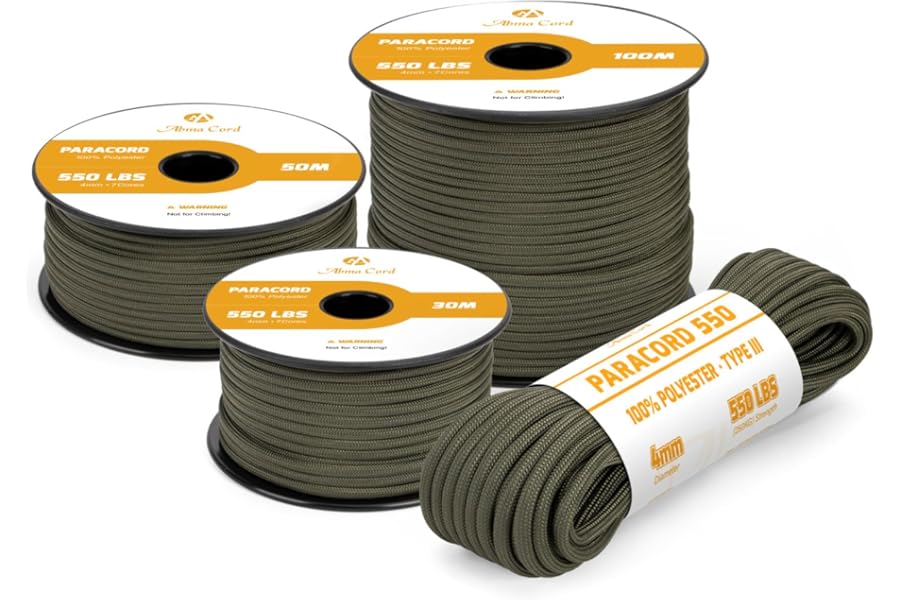 Abma Cord 550 Paracord 4mm 15m Rope 7 Strands Type III Parachute Cord for Crafting, Camping, Survival, Outdoor - Max. 250kg - Army Green