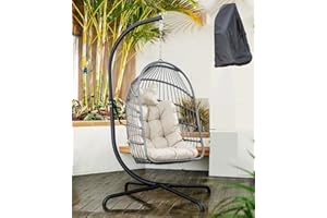 MOJIA Egg Chair with Stand and Oxford Cover, 450lbs Capacity Patio Wicker Hanging Swing Chair Indoor Outdoor with UV Resistant Cushion and Foldable Seat Basket
