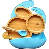 Buabi Stoviglie in bambù e silicone (CONIGLIO). Set 3 pezzi: Piatto, Cucchiaio e Bavaglino. Con ventosa antiscivolo sulla bas