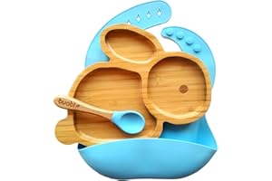 Buabi Vajilla de Bambú y silicona (CONEJO). Set 3 piezas: Plato, Cuchara y Babero. Con ventosa antideslizante en la base. Bambú natural y silicona grado alimentario, Ecológico sin BPA (Azul)