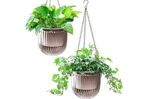 Melphoe Lot de 2 pots de fleurs suspendus à auto-arrosage pour intérieur et extérieur, 16,5 cm, panier de pot de fleurs à suspendre avec 3 crochets et trous de drainage pour jardin, maison (gris)