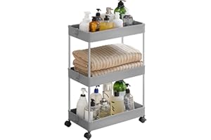 ‎SONGMICS SONGMICS Kitchen Trolley with 3 Levels, Kitchen Shelf, Recess Shelf with 6 Hooks, 360° Rotating Wheels, Steel Frame, Bathroom, Kitchen, Office, Grey KSC009G01