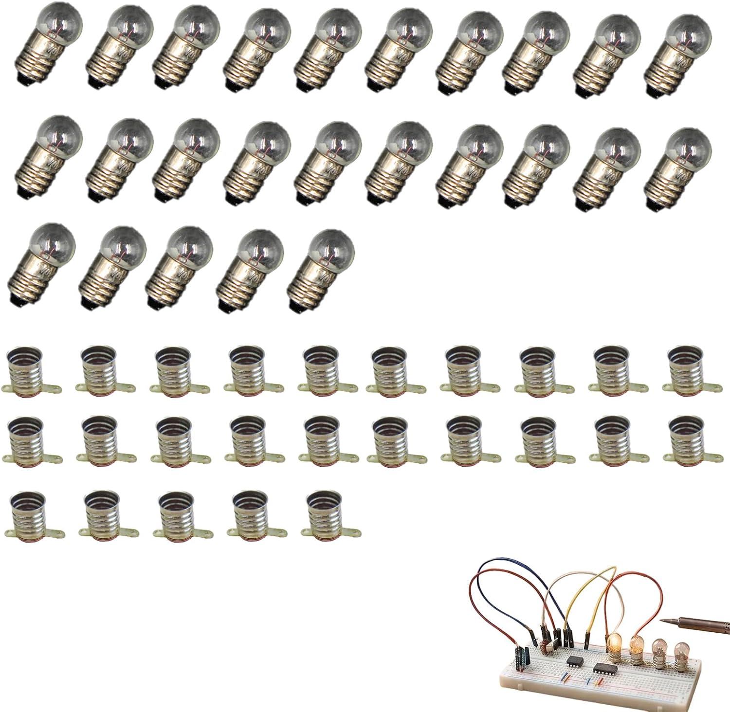 Kit Completo de Educación Eléctrica: 25 Bombillas de 3.8V 0.3A E10 con 25 Portalámparas Base E10,para Experimentación en Circuitos Eléctricos Escolares y Manualidades Técnicas con Material Didáctico
