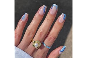 Ceboic 24 sztuki Press on Nails kwadratowe krótkie, niebieskie fale francuskie sztuczne paznokcie do naklejania za pomocą samoprzylepnej naklejki, akrylowe paznokcie sztuczne paznokcie dla kobiet i