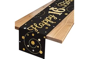 ‎TNYKER Tischläufer 16. Geburtstag Schwarz Gold, Tischdecke 16 Geburtstag mit Konfetti, Happy 16 Birthday Tischläufer zum Geburtstag, Tischdeko Geburtstag für Junge Mädchen 16 Geburtstagsdeko TNYKER