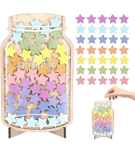 Belohnungsglas Belohnungsglas für Kinder, Belohnungsglas Magnetisch Kinder Belohnungssystem Grundschule Lehrerbedarf Belohnungsglas mit Holzhalter und 30 Stern für Klassenzimmer zu Hause(14.5 * 21CM
