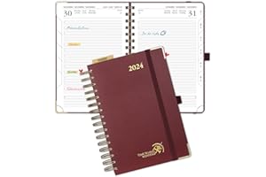 POPRUN Agenda 2024 Journalier Spirale 21,5 x 14,9 cm, 1 Page par jour de jan 2024 à déc 2024 avec Couverture Rigide, Poche intérieure, Papier Certifié FSC®80 g/m²- Bordeaux