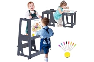 BUEDEHAI 4 in 1 Kitchen Step Stool, Wooden Kids Step Stool with Whiteboard and Safety Rail, Kids Learning Standing Ladder for 1.5 to 5 Years Old, Kitchen Counter Bathroom Sink