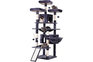 Hey-brother Drapak duży, 180 cm XXL, drapak dla dużych kotów, stabilny z linką sizalową, duża deska do drapania, kosz, 3 platformy i 2 domki, szary dymny EMPJ034G