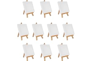 Belle Vous Set di 10 mini cavalletto in legno con tela da verniciare, 10 x 10 cm, tela vergine pre-estesa e predisposta, cavalletto da tavolo per pittura ad olio e acrilico e disegno per bambini