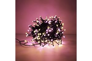 Luccika stringa natalizia con luci a led su cavo verde per uso interno ed esterno controller 31V con 8 giochi di luce e memoria (Rosa + Bianco Caldo, 9 Metri con 180 Led)