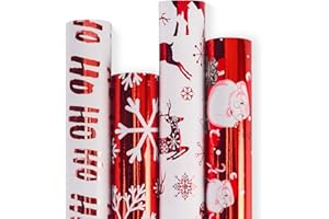 RUSPEPA Rollo de Papel de Regalo Navideño - Papel Rojo y Blanco con Brillo Metálico de Lámina Brillante Adjunto- Colección de Elementos Navideños - 4 Rollos - 76cm X 305cm Por Rollo