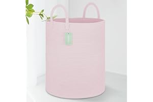 BOSROTY Large Blanket Basket, Tall Laundry Hamper 65L, Nursery Basket with Handles for Storage Toys Clothes Towels, Cotton Rope Woven Organiser, 40 x 50 CM, Light Pink