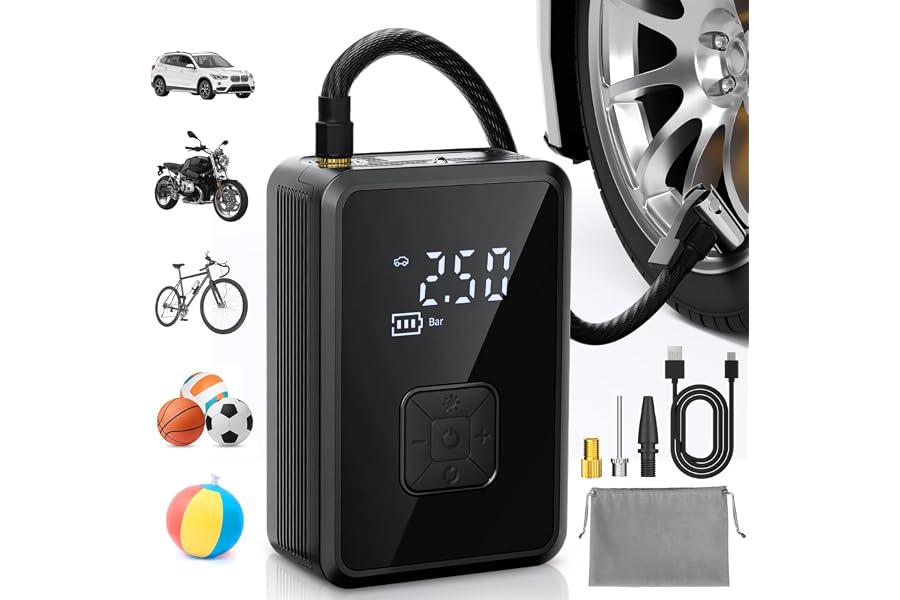 Oasser Gonfleur Pneus Voiture sans Fil Mini Compresseur à Air Portatif 150 PSI (10,3 Bar) Inflation Rapide Cylindre 17 mm Typ