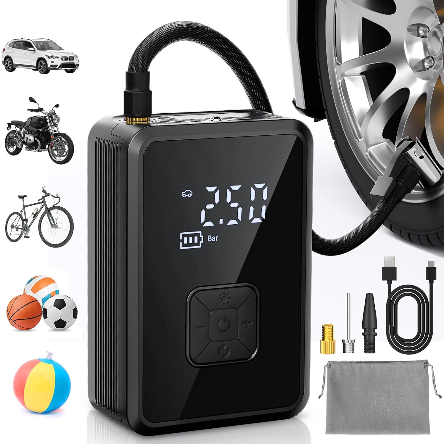 Oasser Mini Compressore Aria Portatile Auto, 150PSI (10,3Bar) Cilindro 17 mm con Schermo LCD Digitale e Torcia LED Type-C USB Ricaricabile, Dotato di Tubo Flessibile da 30 cm e Borsa di Stoccaggio