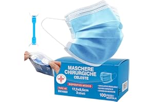 STONE&STONE S&SMedical 100 Mascherine Chirurgiche celesti Tipo IIR Certificate CE, Mascherina chirurgica celeste a 3 strati - Filtrazione 98%, Resistenti agli Spruzzi, super confortevoli | Clip Nasale Adattabile