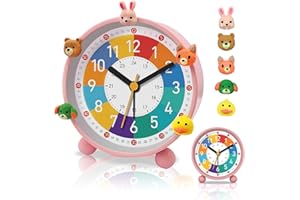 PIXESTT Despertador Infantil, Reloj Despertador Infantil para Principiantes En La Escuela, Sin Sonido Tic-TAC, con FuncióN De Luz Nocturna Y FuncióN De RepeticióN, con 5 Adornos De Despertador Rosa