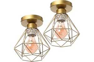 TOKIUS Lámpara de Techo Retro, 16CM Lámpara Colgante Techo Vintage Jaula Dorado Luz Colgante Interior Iluminación de Techo para Cocina Comedor Dormitorio Pasillo (# Plafon 2 Piezas)