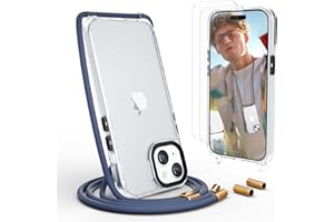 UYMO Funda con Cuerda para iPhone 15 6,1", Ajustable Collar Correa de Carcasa con Cordón, con 2 Protector de Pantalla,Case con Colgante Correa de Cuello Cadena, Azul