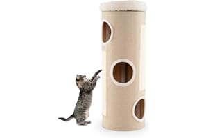 SOARS Tonneau à Gratter pour Chat 113 cm, Tour Arbre à Chat 4 Niveaux avec 3 Grottes, 2 Griffoirs en Sisal, Lit Amovible en Peluche, Niche Intérieure Stable Ø39, Beige