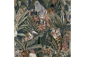 HOLDEN DECOR Safari Animal Fusion Wallpaper Holden 13012 - Navy Blue/Green/Multi - Giraffes, Elephants and Tigers