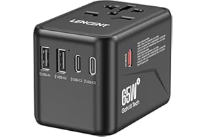 ‎LENCENT LENCENT 65W Adapter Podróżny na Całym świecie, GAN III Uniwersalny Adapter Wtyczki, Szybkie ładowanie Międzynarodowa ładowarka z 2 USB-A i 3 USB-C PD, Adapter Podróżny do USA/UK/EU/AUS, Typ A/C/G/I