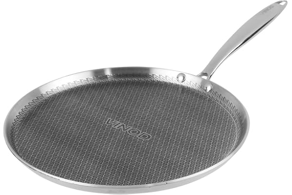 Vinod SAS Pro Platinum Triply Stainless Steel Hybrid Non Stick Dosa Tawa - 28 cm 4 mm Thick HexaShield Design Stick-Resistant Surface Metal Spatula Safe Induction & Gas Compatible PFOA-Free