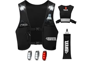 STEEL Gilet Running d'hydratation Réfléchissant LED Recheargeable, Porte-Bouteille d'eau, Ajustable, Gilet léger, Gourde d'hydratation de 500 ML pour randonnée, Trail, Running