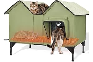 HXPLN Heated Cat House, Widened and Enlarged Outdoor Cat House Waterproof with Two Escape Doors and Heating Pad, Elevated Insulated Winter House, Sturdy Outdoor Cat Shelter for Multiple Cats Dogs (Green)