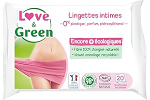 Love & Green Lingettes Intimes APAISANTES écologiques - Paquet de 20 Lingettes - Certifiée Cosmo Natural par ECOCERT et FSC
