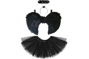 REDSTAR FANCY DRESS Engel Kostüm Damen mit Heiligenschein, Engelsflügel und Tüllrock Schwarz – Black Angel – Flügel Erwachsene – Faschingskostüme – Horror Kostüm für Halloween
