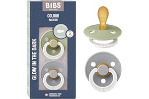 BIBS Colour Symmetrical Glow Paquete de 2 chupetes. Libre de BPA, Tetina con forma simétrica. Látex natural. Talla 2 (6-18 meses), Sage Glow/Cloud Glow