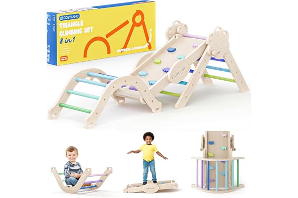 COSYLAND Triangle d’Escalade Montessori 8-en-1 – Arche Pliable en Bois, Parcours de Motricité pour Enfants 1–3 Ans, Structure Stable, Charge 80 kg, Coffret Cadeau Coloré (Froid)