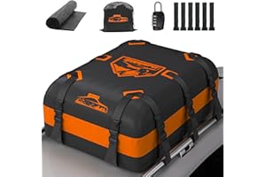 Rymopuey Roof Bag, Waterproof Car Roof Bag No Rack Needed, Car Roof Box with Anti-Slip Mat and 8 Heavy-Duty Straps, Folding Soft Roof Box for Cars with/Without Rack (Orange-20Cubic)