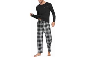 Ekouaer Herren Schlafanzug Lang Pyjama Baumwolle Langarm Shirt mit Tasche Pyjamahose Zweiteilig Set Nachtwäsche