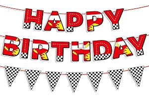 SAVITA Festone Buon Compleanno, Pre-Infilato Decorazioni per Feste di Compleanno a Tema Cars con Striscione a Scacchi per Bambini Decorazione Feste Tema Cars
