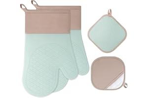 Cozary Ofenhandschuhe Topflappen Set, Hitzebeständige 1 Paar Ofenhandschuhe und 2 Topflappen, Anti-Rutsch Silikon Handschuh für Kochen Backen Grillen - Hellgrün