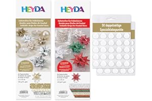 Heyda Faltstreifen für Fröbelsterne – 2er Set - bunt 96 Streifen 1,5x45cm + gold-silber 48 Streifen 1,5x45cm - für insgesamt 36 Sterne - inklusive 50 Klebepunkte