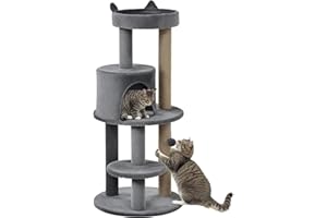 PawHut 104 cm Cat Tree, Cat Condo Tree Tower, Cat Activity Centre with Scratching Posts, Plush Perch, Hanging Ball - Grey