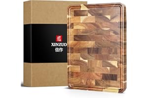 XINZUO Tabla de Cortar de Madera de Acacia- (35x25x2.6cm) Tabla de Cortar Cocina Hecha a Mano Trinchar Tabla de Carne- con Patas Antideslizantes, Asas Laterales y Ranura para Jugos